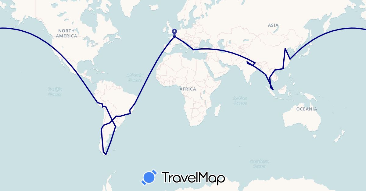 TravelMap itinerary: driving in Argentina, Bolivia, Brazil, Chile, China, France, Greece, Hong Kong, India, Myanmar (Burma), Malaysia, Nepal, Peru, Paraguay, Singapore, Thailand, Vietnam (Asia, Europe, South America)